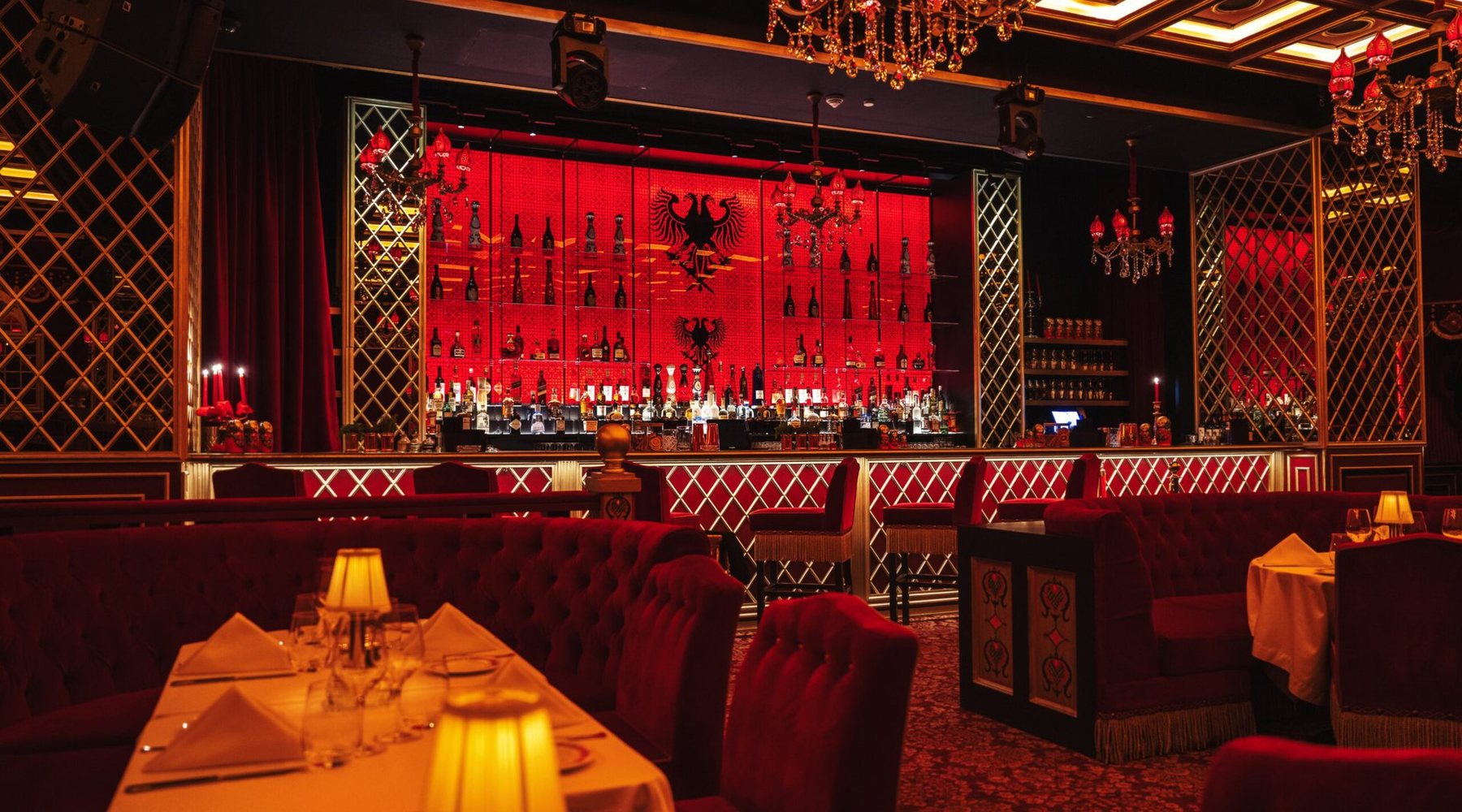 The bar and imperial eagle at Raspoutine Dubai